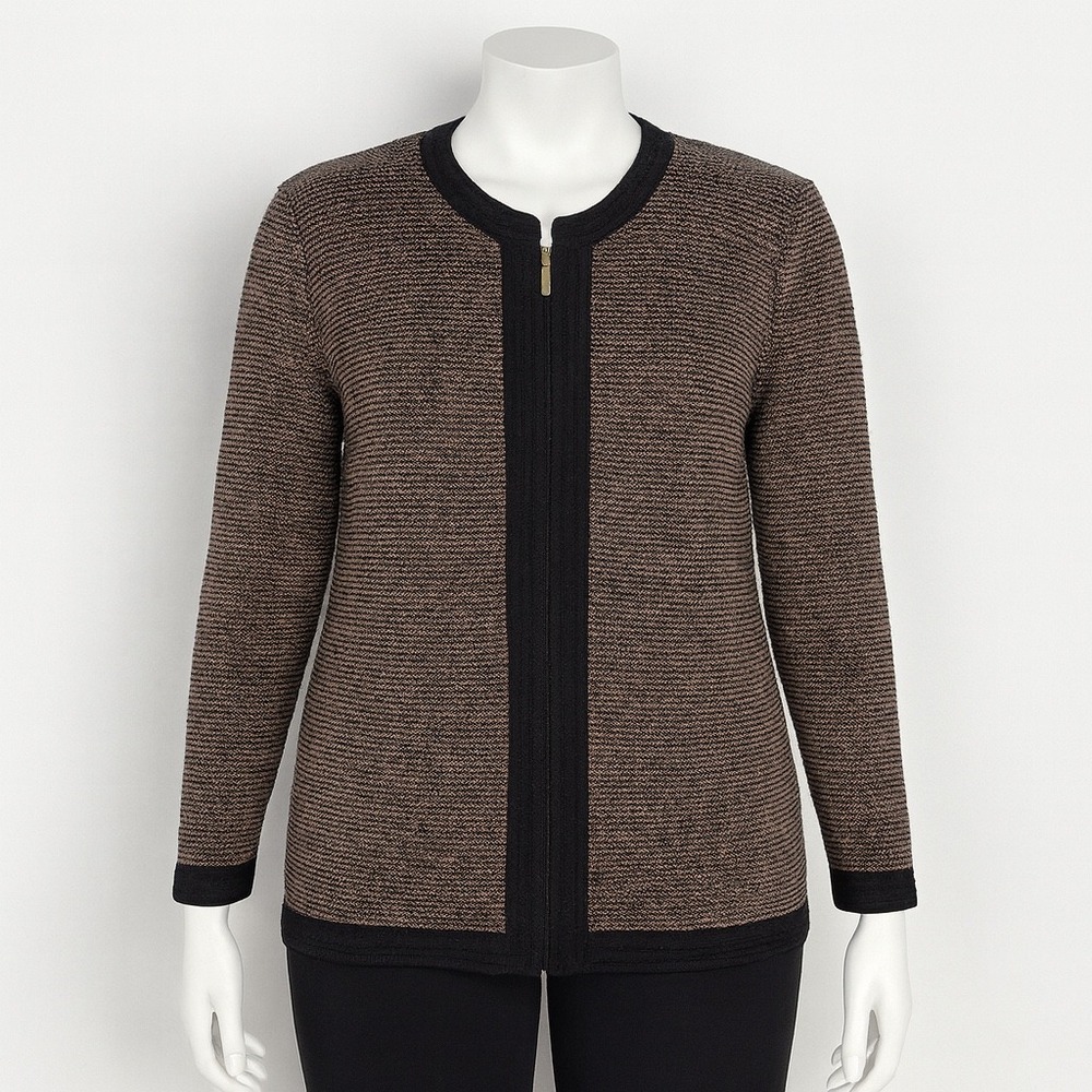 Dylani Knitwear Cardigan‎ Womens XS Brown Black Zip Front Textured Knit Classic